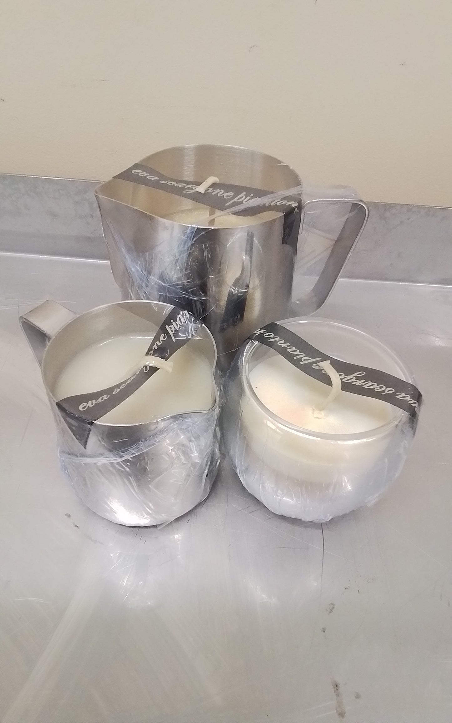 Megamoisterizer sensual lotion massage candles stainless set collection CAPPUCCINO , chocholate ice cream,straberrys in the real luxurious big size