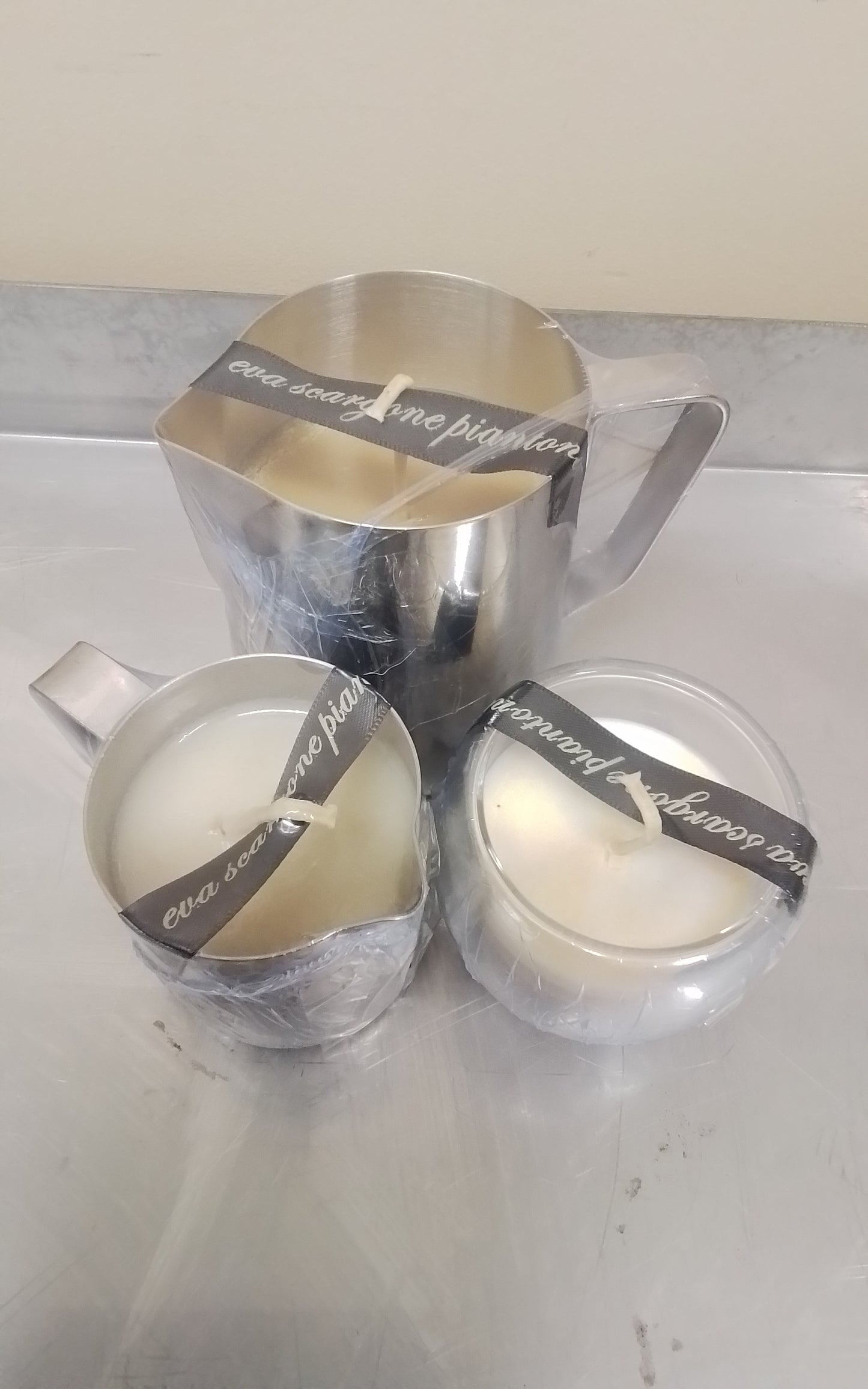 Megamoisterizer sensual lotion massage candles stainless set collection CAPPUCCINO , chocholate ice cream,straberrys in the real luxurious big size